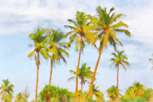 istock Abstract tropical watercolor landscape. Slender palm trees against the blue sky. Digital painting. 1186830249