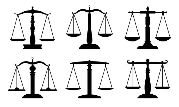 Trading or law scales icons Trading or law scales icons. Vector lawyers scales, compar symbols, balance and balancing signs isolated on white background judge law stock illustrations