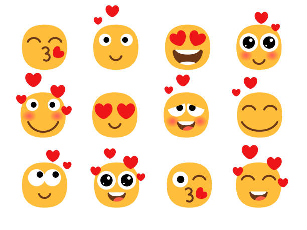 Love eyes emoticons faces Love eyes emoticons vector Love eyes emoticons facesfaces. Yellow loving fun emoticon set, humor mood smileys with hearts, sweet cartoon emoji characters isolated on white background mouths kissing stock illustrations
