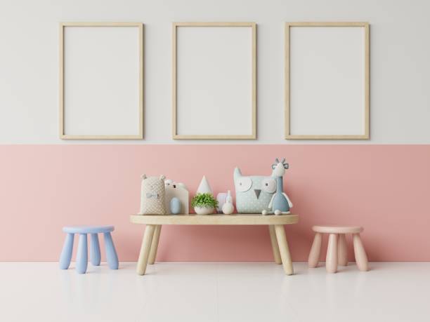 istock Mock up posters in child room interior, posters on empty white/pink wall background. 1186833343