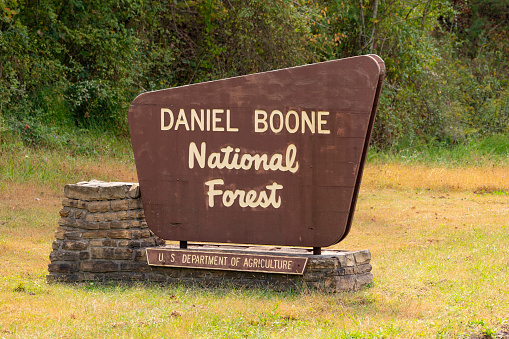 A wooden road sign marks the boundary of Daniel Boone National Forest
