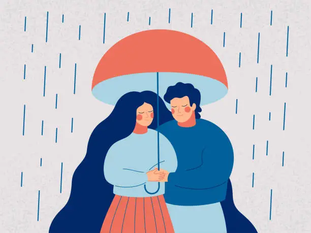 Vector illustration of Young couple embrace each other with love and care.