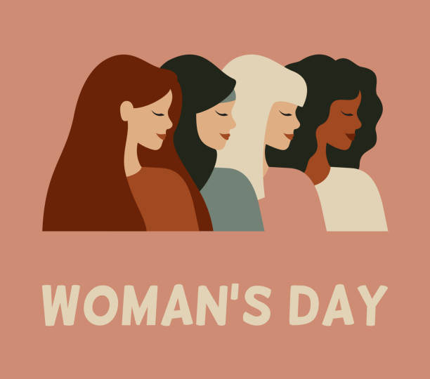 국제 여성의 날 카드. 배경에서 고립 된 다른 국적과 문화의 다양한 여성 초상화 - 여성 일러스트 stock illustrations