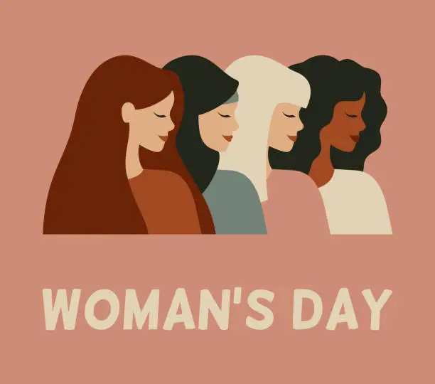 Vector illustration of International woman's day card. Diverse female portraits of different nationalities and cultures isolated from the background