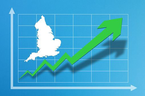 Business growth chart with England map on blue background