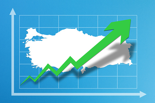Business growth chart with Turkey map on blue background