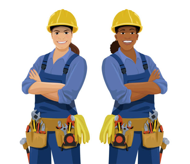 Workers women set Set of European and African female workers with tools. Cartoon smiling work women, builder wearing safety helmet, coveralls and toolbelt. Vector illustration isolated on the white background woman wearing tool belt stock illustrations