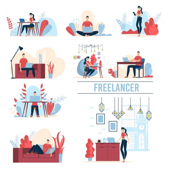 Working Freelancers Flat Vector Concepts Set Working at Home Female, Male Freelancers Characters Trendy Flat Vector Set Isolated on White Background. Man and Woman Working on Distance, Sitting at Table, Lying on Sofa, Using Laptop Illustration entrepreneur illustrations stock illustrations