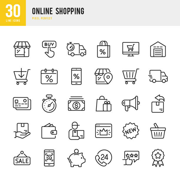 온라인 쇼핑 - 얇은 선형 벡터 아이콘 세트. 픽셀 완벽. 이 세트에는 쇼핑, 전자 상거래, 상점, 할인, 쇼핑 카트, 배달, 지갑, 택배 등의 아이콘이 포함되어 있습니다. - symbol retail computer icon shopping bag stock illustrations