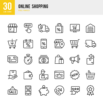 Online Shopping - linear vector icon set. Outline stroke expanded. Pixel perfect. The set contains icons such as Shopping, E-Commerce, Store, Discount, Shopping Cart, Delivering, Wallet, Basket, Credit Card, Courier and so on.