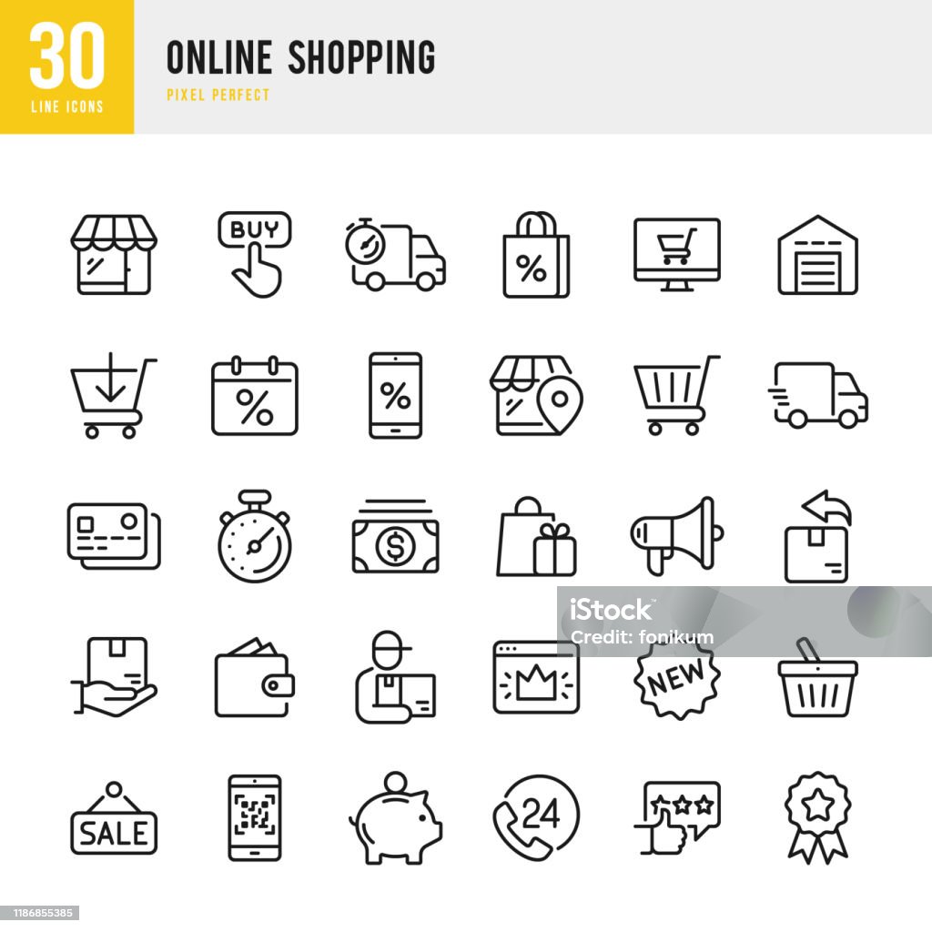 Online Shopping - thin linear vector icon set. Pixel perfect. The set contains icons such as Shopping, E-Commerce, Store, Discount, Shopping Cart, Delivering, Wallet, Courier and so on. Online Shopping - linear vector icon set. Outline stroke expanded. Pixel perfect. The set contains icons such as Shopping, E-Commerce, Store, Discount, Shopping Cart, Delivering, Wallet, Basket, Credit Card, Courier and so on. Icon stock vector