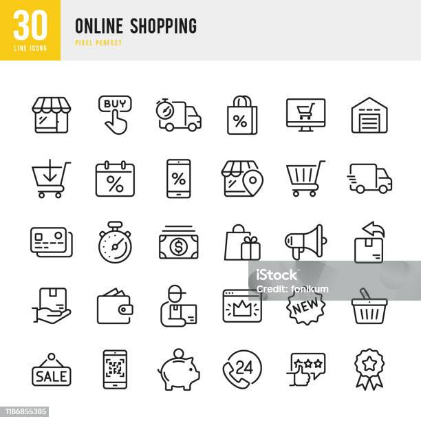 Online Shopping Thin Linear Vector Icon Set Pixel Perfect The Set Contains Icons Such As Shopping Ecommerce Store Discount Shopping Cart Delivering Wallet Courier And So On Stock Illustration - Download Image Now