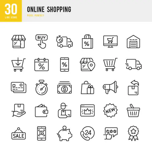 Vector illustration of Online Shopping - thin linear vector icon set. Pixel perfect. The set contains icons such as Shopping, E-Commerce, Store, Discount, Shopping Cart, Delivering, Wallet, Courier and so on.