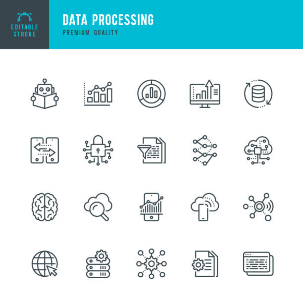 datenverarbeitung - dünnlinien-vektorsymbol gesetzt. bearbeitbarer strich. pixel perfekt. set enthält symbole wie daten, infografik, big data, cloud computing, machine learning, security system. - network server technology computer computer network stock-grafiken, -clipart, -cartoons und -symbole