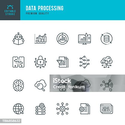 istock Data Processing - thin line vector icon set. Editable stroke. Pixel Perfect. Set contains such icons as Data, Infographic, Big Data, Cloud Computing, Machine Learning, Security System. 1186858632