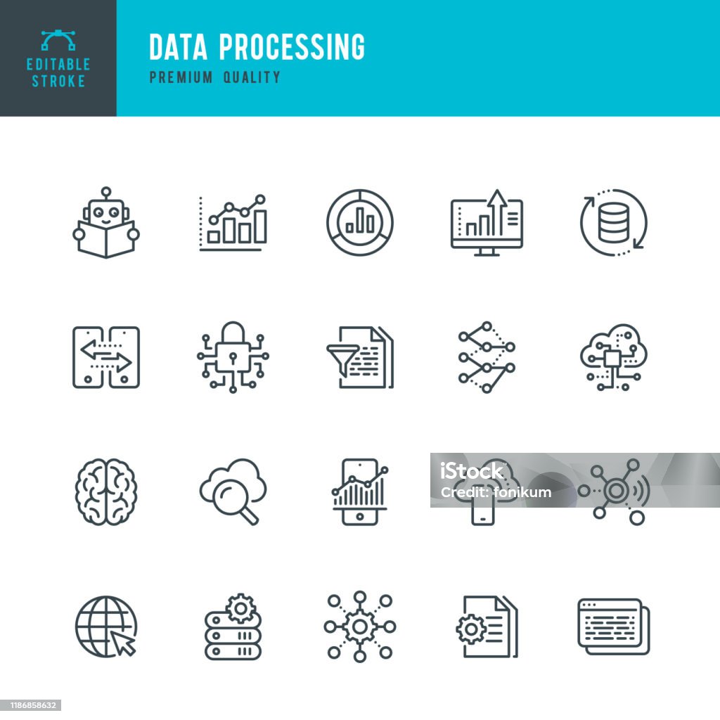 Data Processing - thin line vector icon set. Editable stroke. Pixel Perfect. Set contains such icons as Data, Infographic, Big Data, Cloud Computing, Machine Learning, Security System. Data Processing - thin line vector icon set. Editable stroke. Pixel Perfect. 20 linear icon. Set contains such icons as Data, Infographic, Big Data, Cloud Computing, Machine Learning, Security System, Charts, Internet of Things, Brainstorming. Icon stock vector