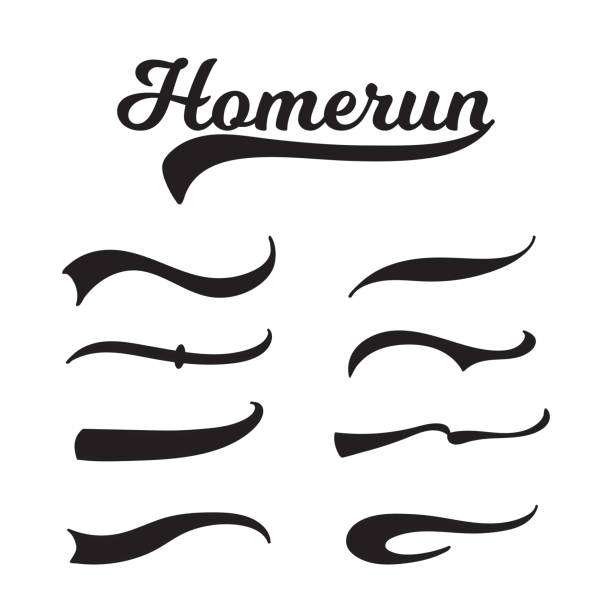 ilustraciones, imágenes clip art, dibujos animados e iconos de stock de conjunto de swoosh de béisbol con ilustraciones vectoriales de inscripción de caligrafía aisladas. - home run