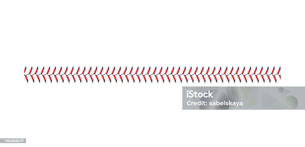 Punto de béisbol y encaje de sóft aisllado sobre fondo blanco, línea recta de costura de bola deportiva con puntadas azules y rojas - arte vectorial de Pelota de béisbol libre de derechos