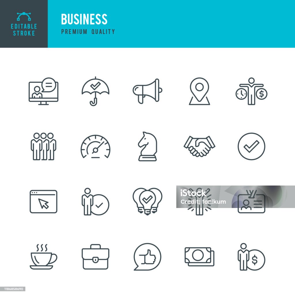 Business - thin line vector icon set. Editable stroke. Pixel Perfect. Set contains such icons as Team, Strategy, Success, Performance, Website, Handshake. Business - thin line vector icon set. 20 linear icon. Editable stroke. Pixel Perfect. Set contains such icons as Team, Strategy, Success, Performance, Website, Handshake, Promotion, Good Idea Coffee Break. Icon stock vector