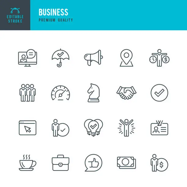 Vector illustration of Business - thin line vector icon set. Editable stroke. Pixel Perfect. Set contains such icons as Team, Strategy, Success, Performance, Website, Handshake.