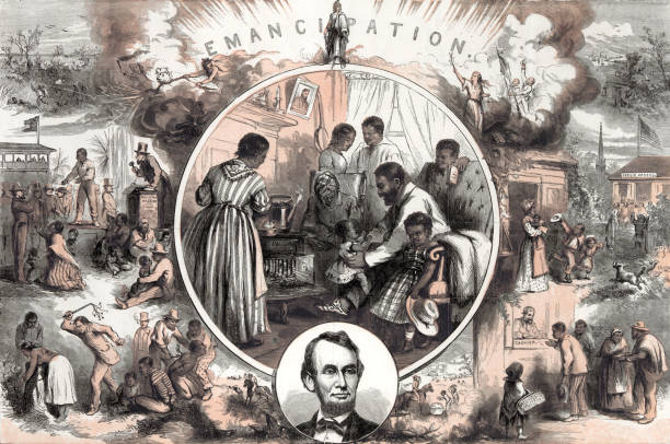 Emancipation after the American Civil War Vintage illustration represents the emancipation of Southern slaves at the end of the American Civil War. This image contrasts the life of a slave and that of a free man's life. african slaves stock illustrations