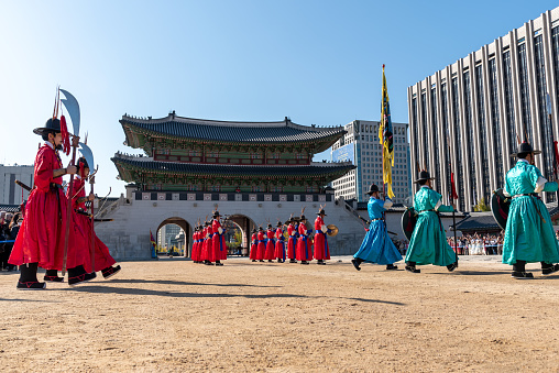 Seoul, South Korea - November 04, 2019: The Royal Guard-Changing Ceremony Gyeongbokgung Palace. The Royal Guard-Changing Ceremony is a great opportunity to experience a traditional scene in Korea.