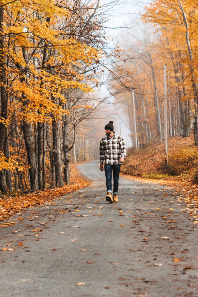 man walking on an autumnal road
