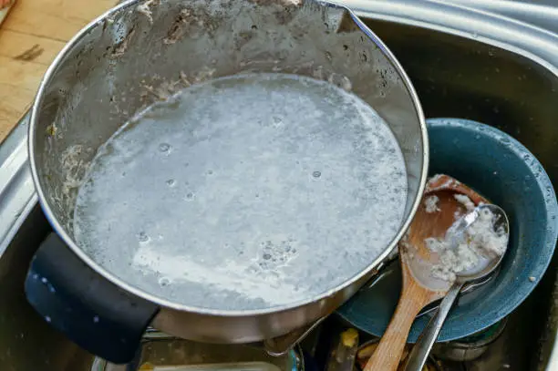 dishes in a sink after baking bread in a kitchen in Sweden