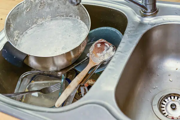 dishes in a sink after baking bread in a kitchen in Sweden