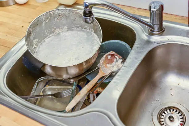dishes in a sink after baking bread in a kitchen in Sweden