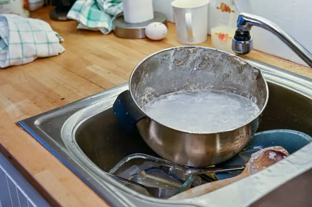 dishes in a sink after baking bread in a kitchen in Sweden