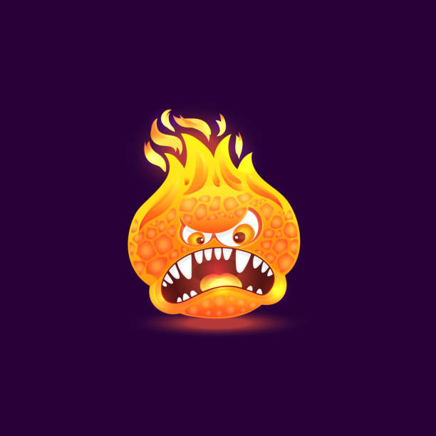 Orange Fire Monster With Angry Face And Open Mouth Full Of Teeth