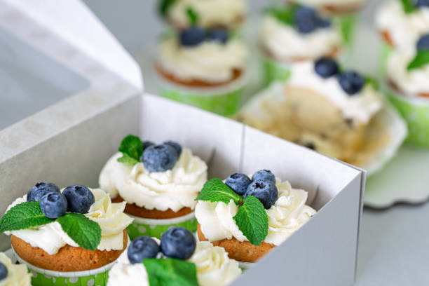 istock Blueberries muffins or cupcakes with mint leaves on white texture 1186864458
