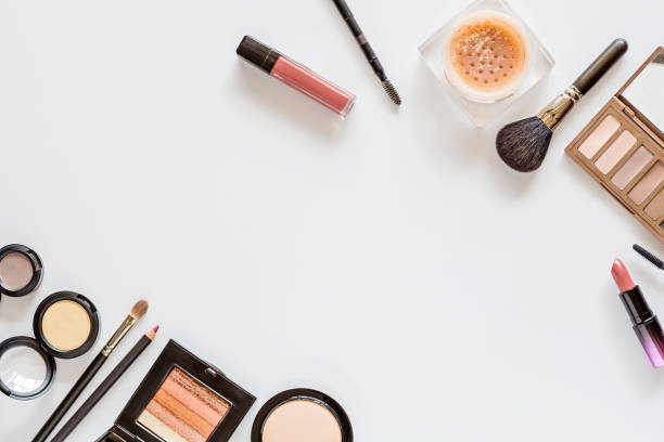 istock Make up items on white background with copy space. Set of luxury decorative cosmetics flat lay, top view, mockup, template. Minimal style. Beauty blogger concept 1186864524