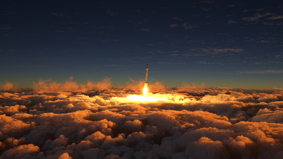 Rocket flies through the clouds on sunset 3d illustration