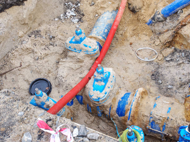 istock Blue water pipes and shut-off valve on pipe with branch 1186865177