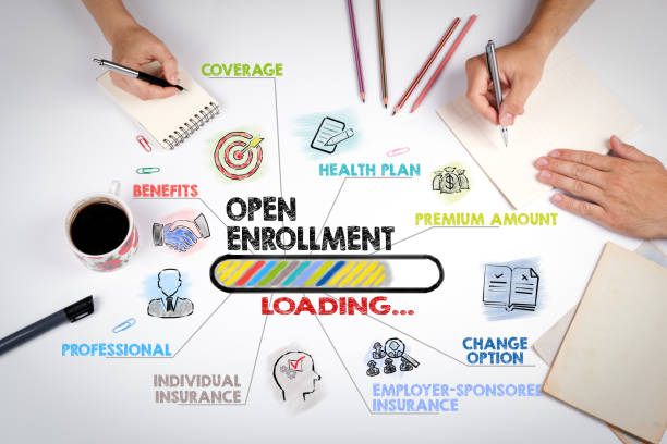istock Open Enrollment concept. Chart with keywords and icons 1186866616