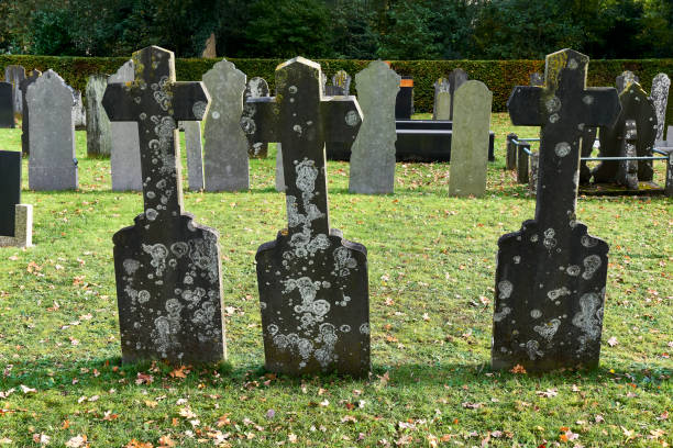 istock Old weathered tombstones with crosses 1186872190