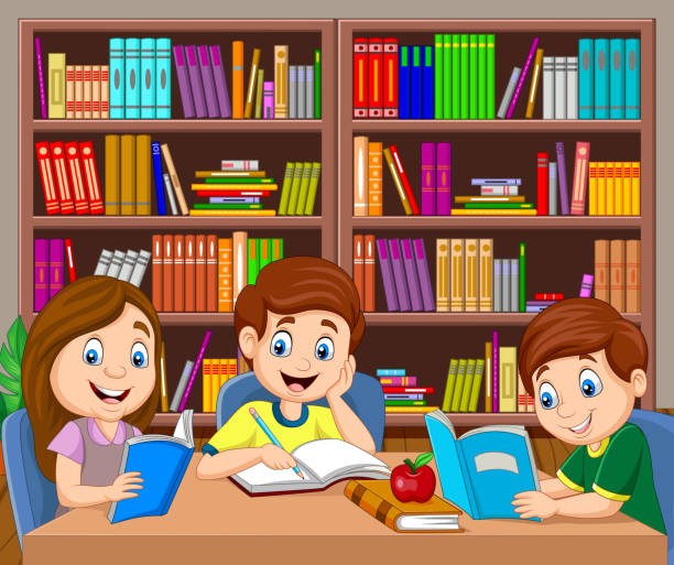 cartoon-kinder studieren in der bibliothek - small shelf stock-grafiken, -clipart, -cartoons und -symbole