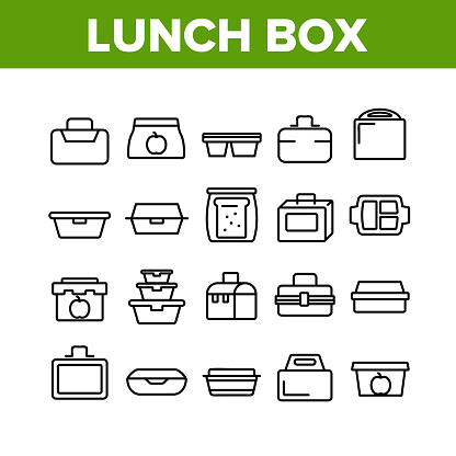 Lunch Box Collection Elements Icons Set Vector Thin Line. Plastic School Lunch Box And Container For Transportation Nutrition Concept Linear Pictograms. Monochrome Contour Illustrations