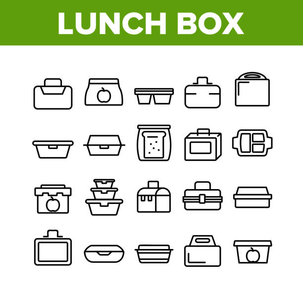 Lunch Box Collection Elements Icons Set Vector Lunch Box Collection Elements Icons Set Vector Thin Line. Plastic School Lunch Box And Container For Transportation Nutrition Concept Linear Pictograms. Monochrome Contour Illustrations lunch icons stock illustrations