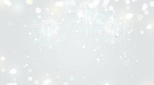 ilustraciones, imágenes clip art, dibujos animados e iconos de stock de fondo festivo con fuegos artificiales y luces en colores plata. - new year