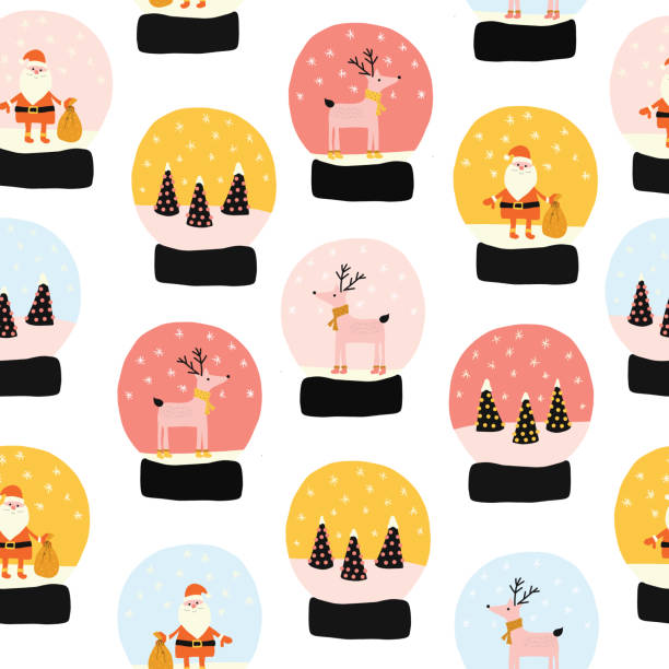 クリスマス雪はシームレスなベクトルパターンを地球化します。雪、サンタクロース、クリスマスの木、トナカイの繰り返し背景を持つ手描きのスノーグローブ。かわいいメリークリスマス� - gift snow yellow christmas点のイラスト素材／クリップアート素材／マンガ素材／アイコン素材