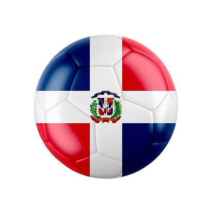 3d realistic soccer ball with the flag of the Dominican Republic on a piece of rock with stripped green soccer field on it. See whole set for other countries.