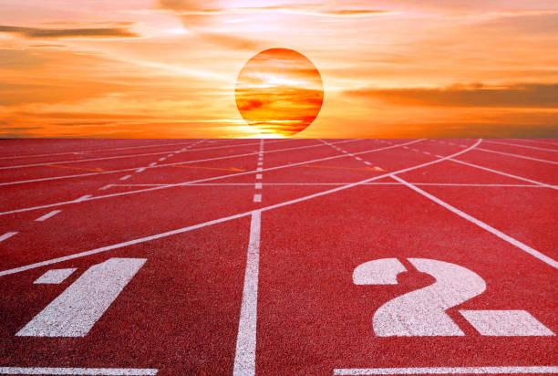 istock Running track with lanes over sky and clouds 1186876966