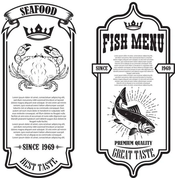 Vector illustration of Set of seafood flyers with crab and fish illustrations. Design element for poster, banner, sign, emblem. Vector illustration