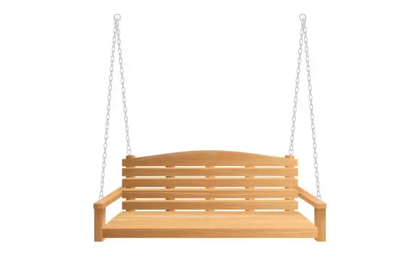 Vector illustration of Wooden porch swing bench hanging on chains