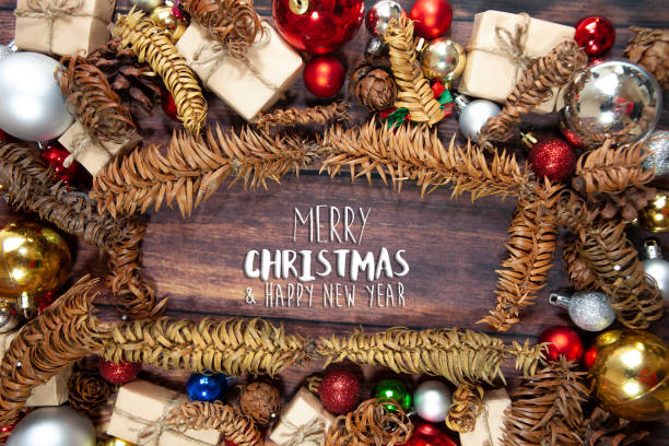 istock Christmas background with decorations, celebration balls on wooden board 1186880541