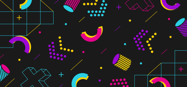 Background in the style of the 80s with multicolored geometric shapes on the black background Illustration for hipsters  style constructivism stock illustrations