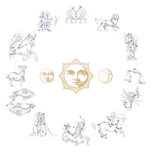 Zodiac constellations with drawn astrological symbols in engraving style. Vector horoscope signs with Sun,Moon,Crescent. Zodiac constellations on background of hand drawn astrological symbols in engraving style. Vector retro graphic illustrations of horoscope signs with Sun, Moon and Crescent. capricorn illustrations stock illustrations